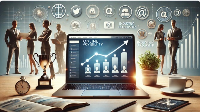 Bureau avec un ordinateur ouvert en cours de travail avec du café, un ordinateur, tout est en ligne avec une coupe de leader sur son marché, entouré de clients, de collaborateurs, de communication et de développement d'affaires
