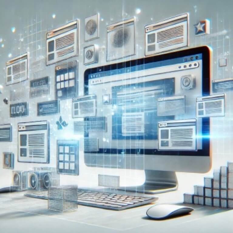 Blocs pour une création de site Internet qui naviguent autour d'un écran d'ordinateur