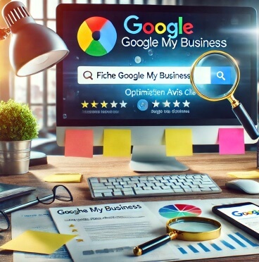 Ordinateur fixe avec sur son écran, Google Maps business fiche avec une loupe des papiers sur un bureau